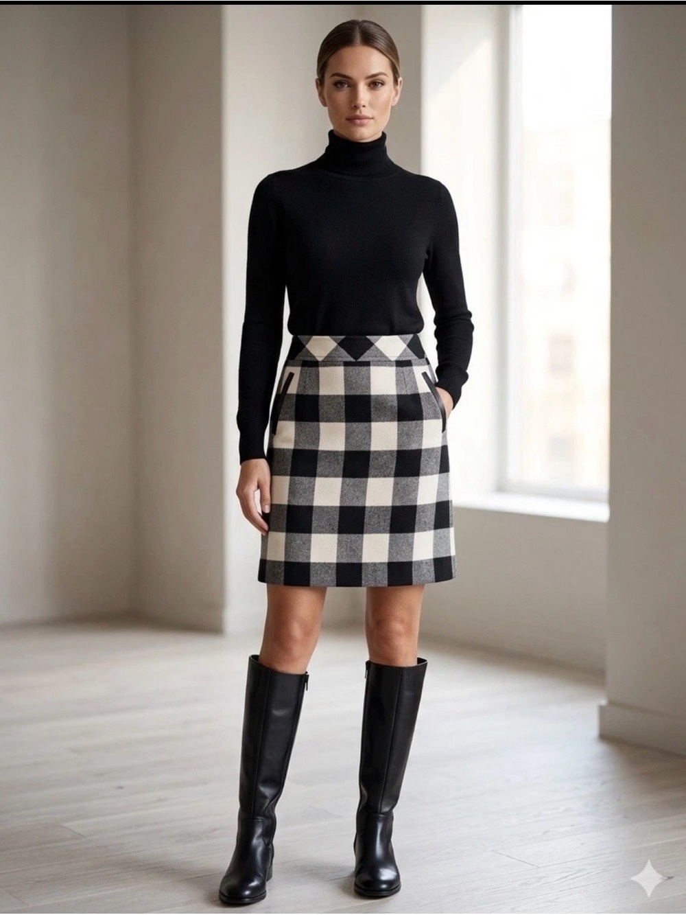 Talbots Black White Gray Plaid Lined A-Line Short Skirt Pockets Zip 10